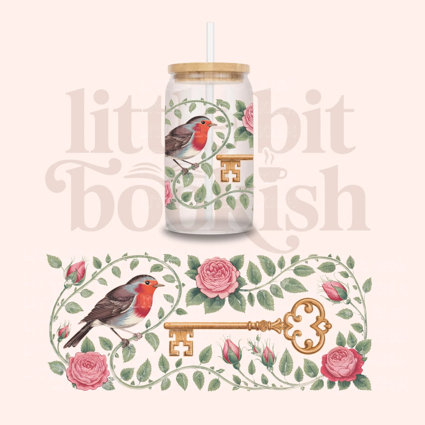 The Secret Garden 16oz glass can tumbler with bamboo lid and glass straw, featuring a UV DTF design of a robin redbreast, golden key, and pink roses on trailing vines — Little Bit Bookish