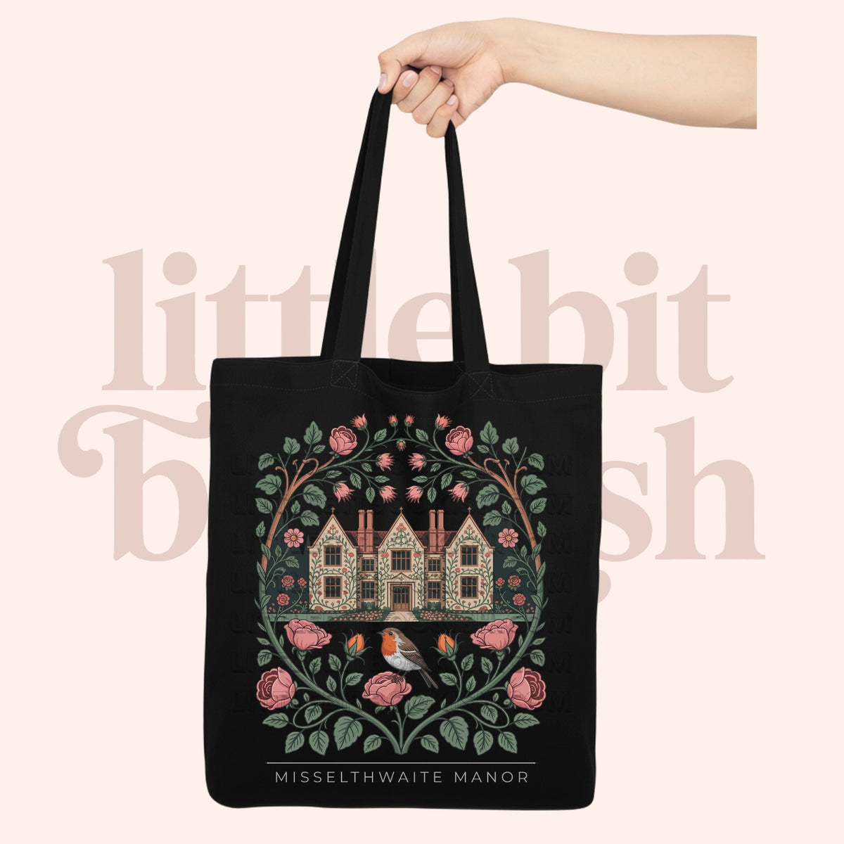 Misselthwaite Manor black canvas tote bag with detailed architectural illustration inspired by The Secret Garden by Frances Hodgson Burnett