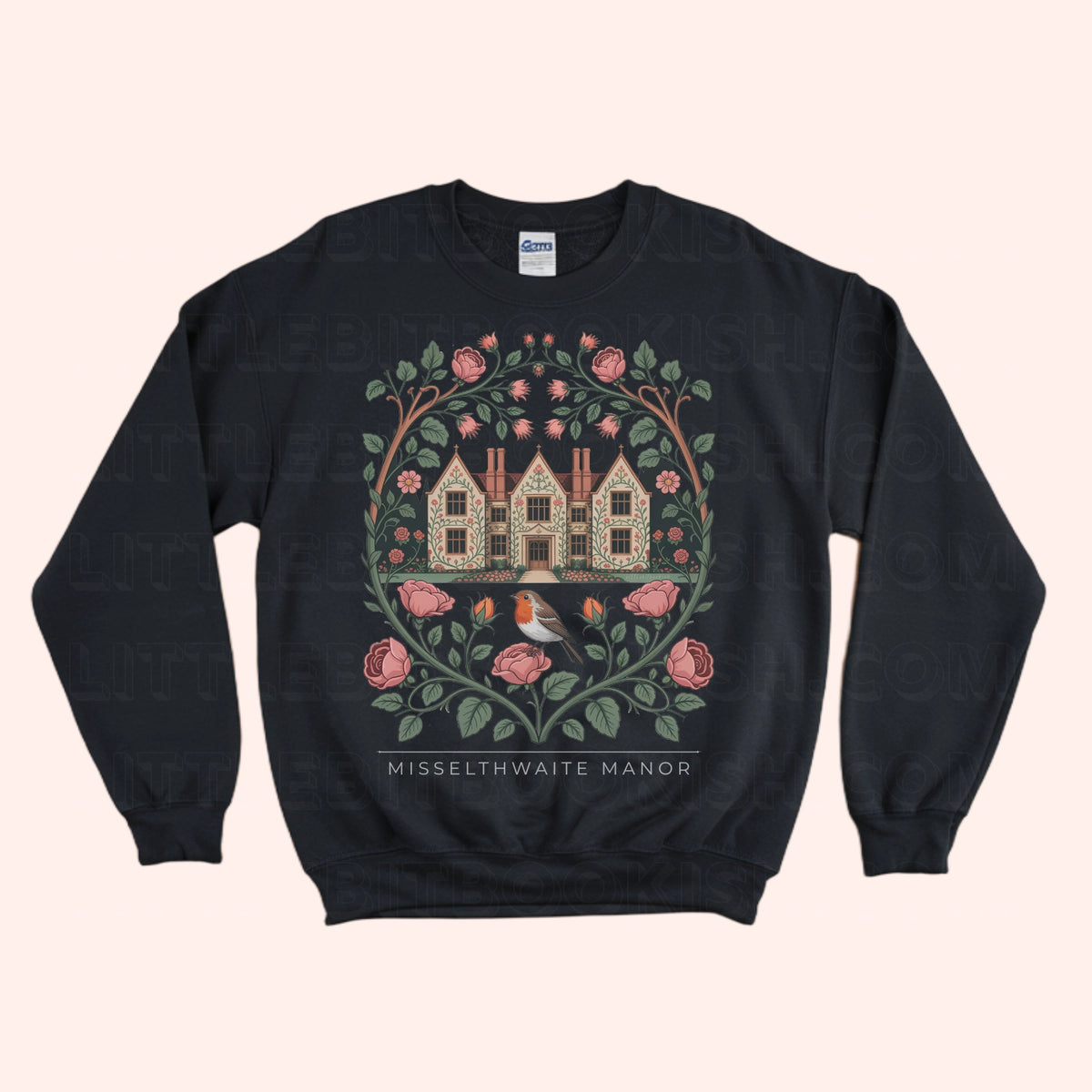 Misselthwaite Manor unisex sweatshirt with botanical illustration featuring roses, thistles, vines and a robin, inspired by The Secret Garden by Frances Hodgson Burnett