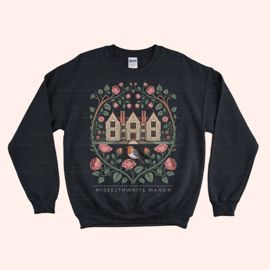 Misselthwaite Manor unisex sweatshirt with botanical illustration featuring roses, thistles, vines and a robin, inspired by The Secret Garden by Frances Hodgson Burnett