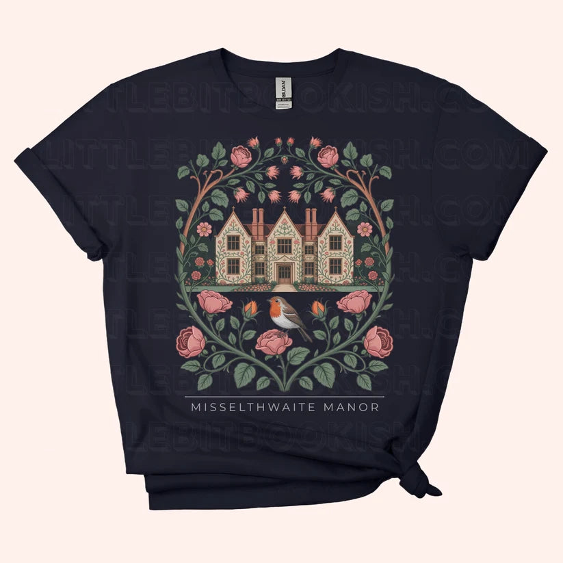 Misselthwaite Manor unisex t-shirt with botanical illustration featuring roses, thistles, vines and a robin, inspired by The Secret Garden by Frances Hodgson Burnett