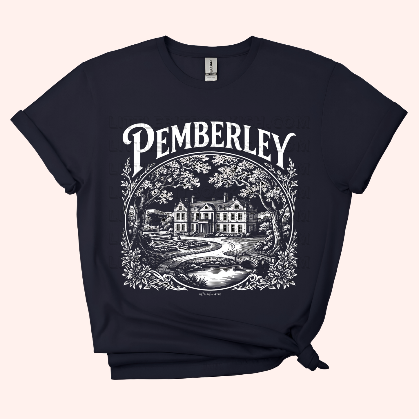 black t-shirt with 'Pemberley' graphic design on a white background