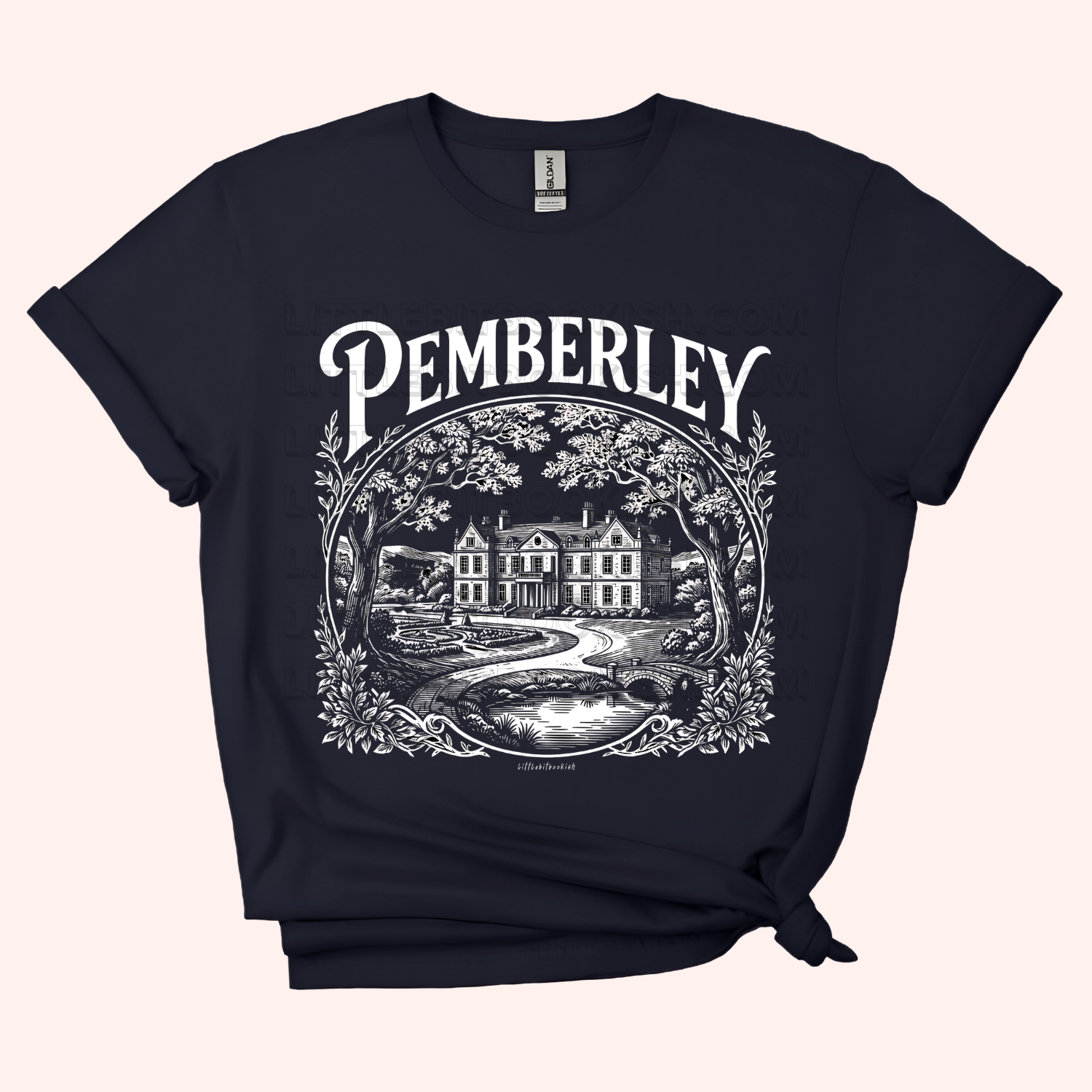 black t-shirt with 'Pemberley' graphic design on a white background