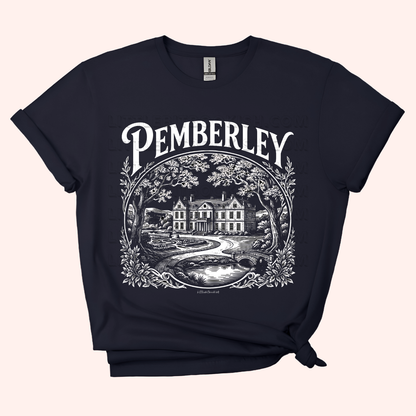 black t-shirt with 'Pemberley' graphic design on a white background