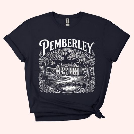 black t-shirt with 'Pemberley' graphic design on a white background