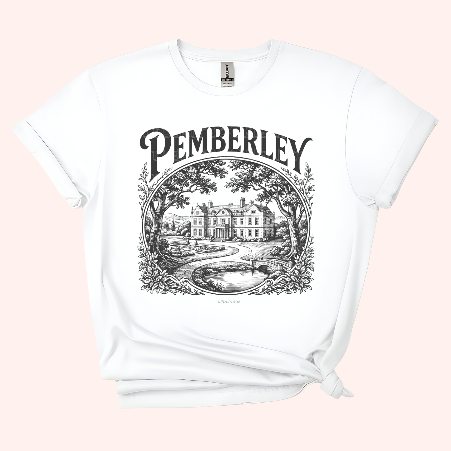 White t-shirt with 'Pemberley' graphic design on a pink background