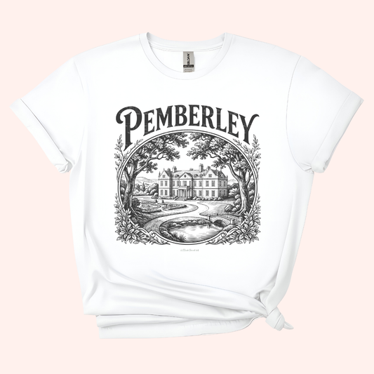 White t-shirt with 'Pemberley' graphic design on a pink background
