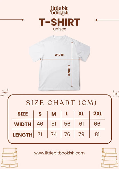 Size chart for the Misselthwaite Manor unisex t-shirt from Little Bit Bookish, showing measurements in centimetres for sizes S to 2XL