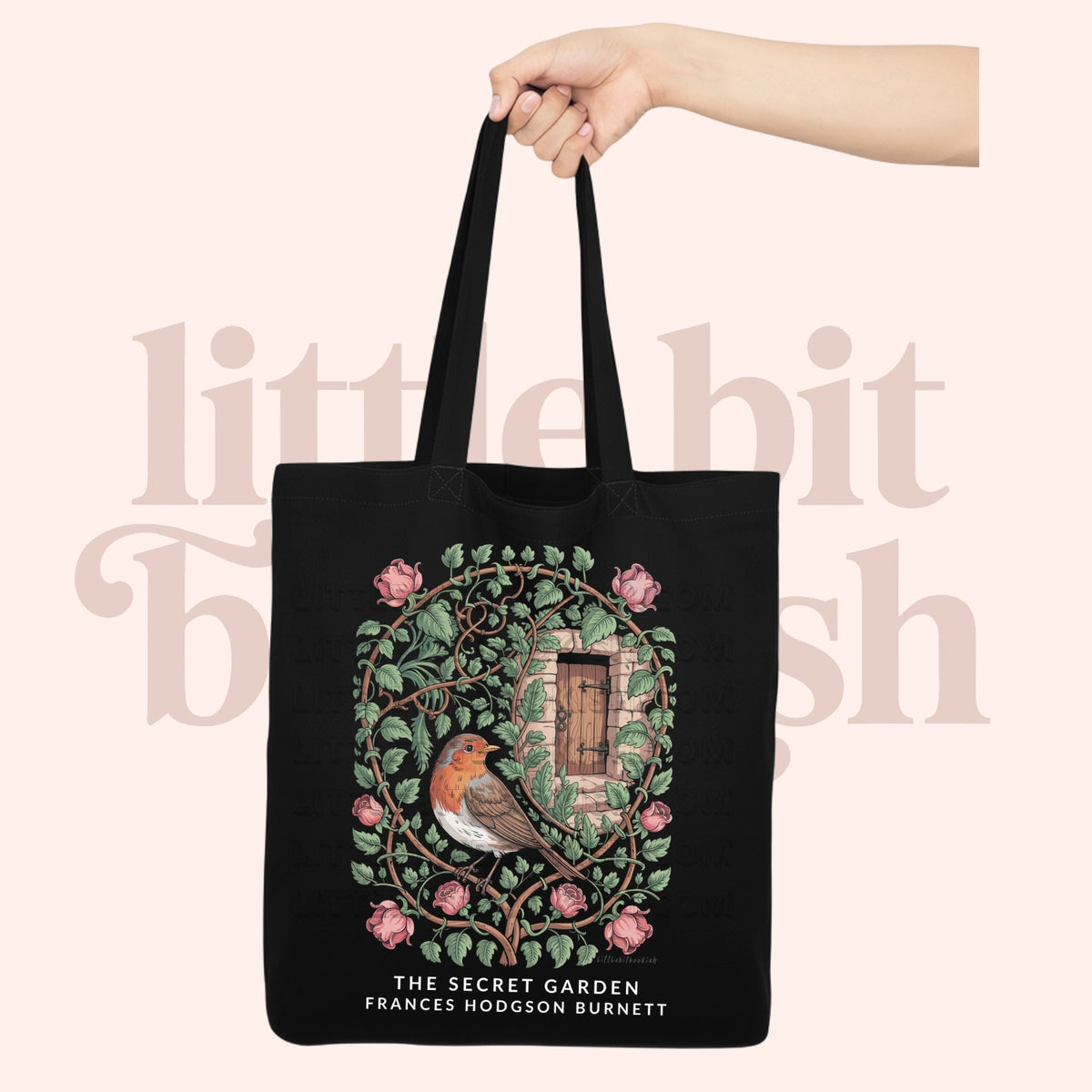 The Secret Garden black canvas tote bag with botanical illustration of florals and trailing vines, inspired by Frances Hodgson Burnett's classic novel