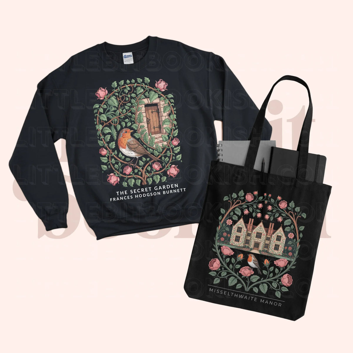 Black sweatshirt and tote bag with illustrated designs on a beige background