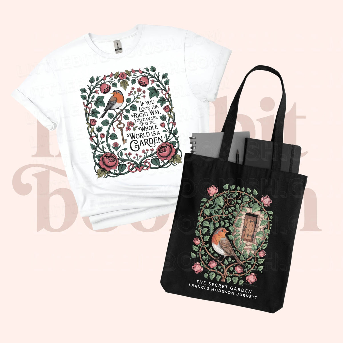 The Secret Garden t-shirt and canvas tote bag gift set with botanical illustration by Little Bit Bookish