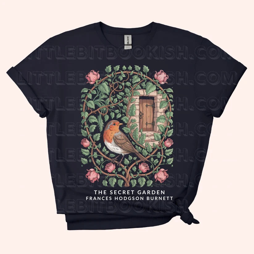 The Secret Garden unisex t-shirt with botanical illustration of a robin, ivy-covered wall and hidden door, inspired by Frances Hodgson Burnett's classic novel