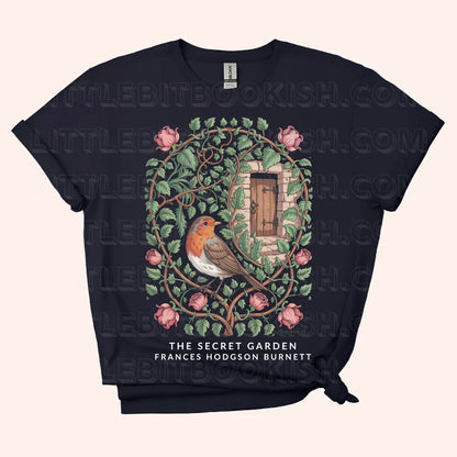 The Secret Garden unisex t-shirt with botanical illustration of a robin, ivy-covered wall and hidden door, inspired by Frances Hodgson Burnett's classic novel