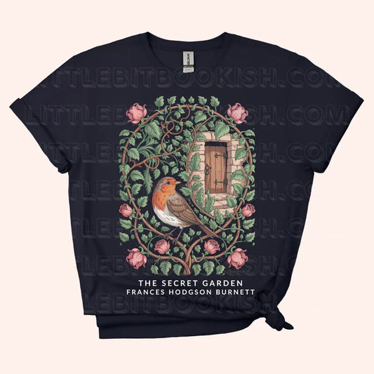 The Secret Garden unisex t-shirt with botanical illustration of a robin, ivy-covered wall and hidden door, inspired by Frances Hodgson Burnett's classic novel