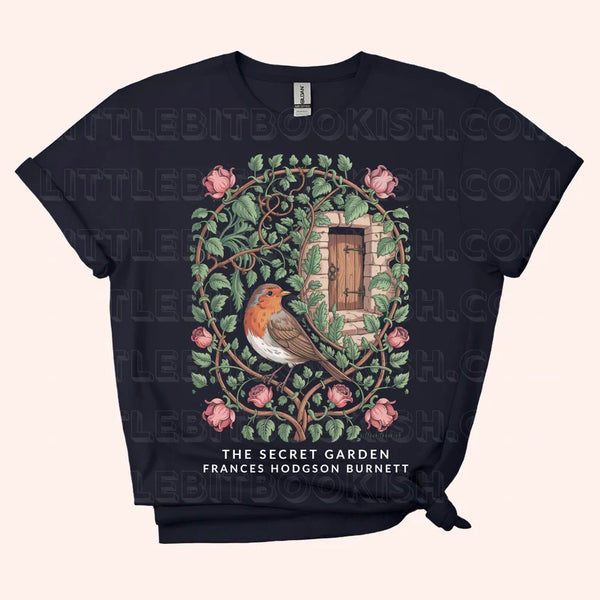 The Secret Garden unisex t-shirt with botanical illustration of a robin, ivy-covered wall and hidden door, inspired by Frances Hodgson Burnett's classic novel