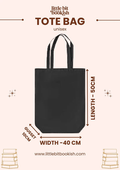 A black tote bag centered on a pale pink background with printed dimension arrows and text showing length 50 cm, width 40 cm, and gusset 10 cm. The top text reads 'little bit bookish' and 'TOTE BAG unisex', and the website 'Little Bit Bookish'