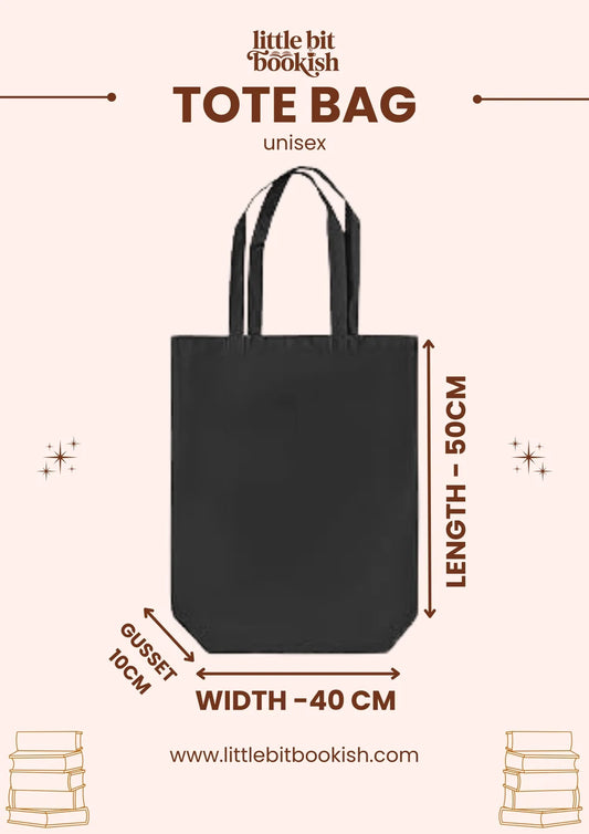 A black tote bag centered on a pale pink background with printed dimension arrows and text showing length 50 cm, width 40 cm, and gusset 10 cm. The top text reads 'little bit bookish' and 'TOTE BAG unisex', and the website 'Little Bit Bookish'